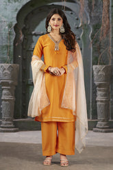 Orange Peel Straight Embroidered Kurta Set with Trousers and Dupatta-CL-KPD-132